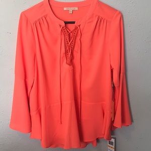 NWT- Gibson Latimer Orange/Coral Lace-Up Bell Sleeve Boho Tunic Blouse Top, S